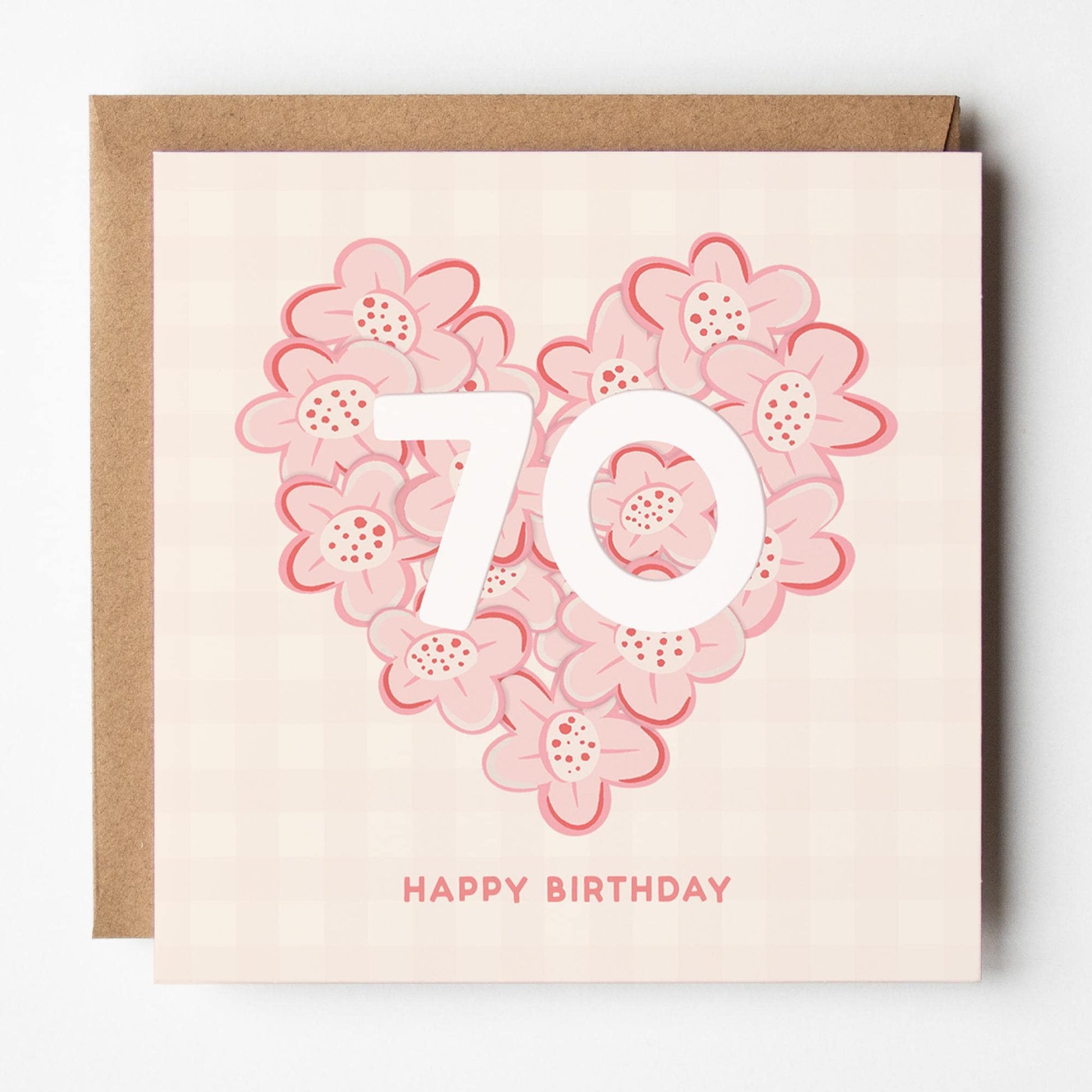 70th Birthday Card for Her; mum, granny, sister, friend, auntie, pretty, pink, with Kraft envelope