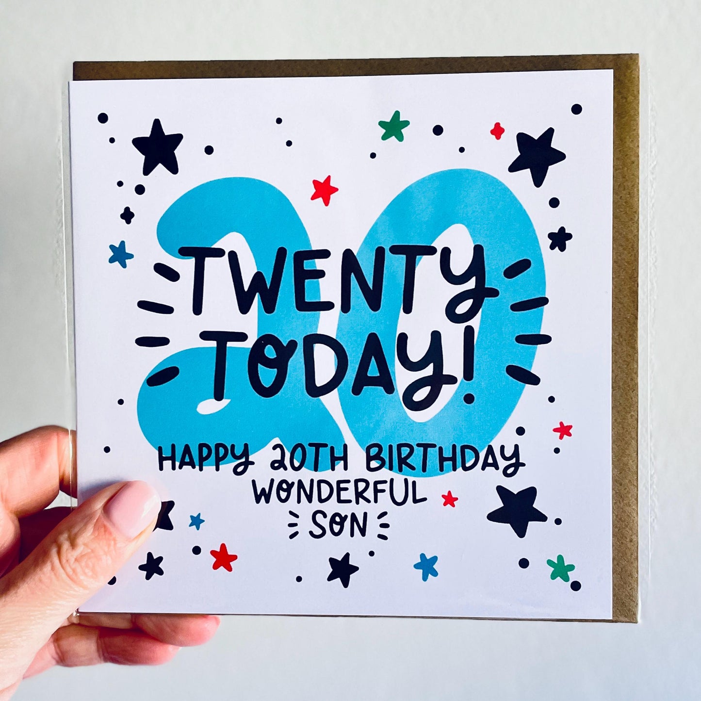 Son's 20th Birthday Card: Blue 20, with Kraft envelope
