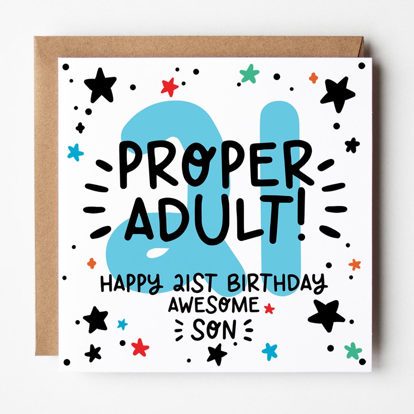 Son 21st Birthday Card: Blue 21, with Kraft Envelope.