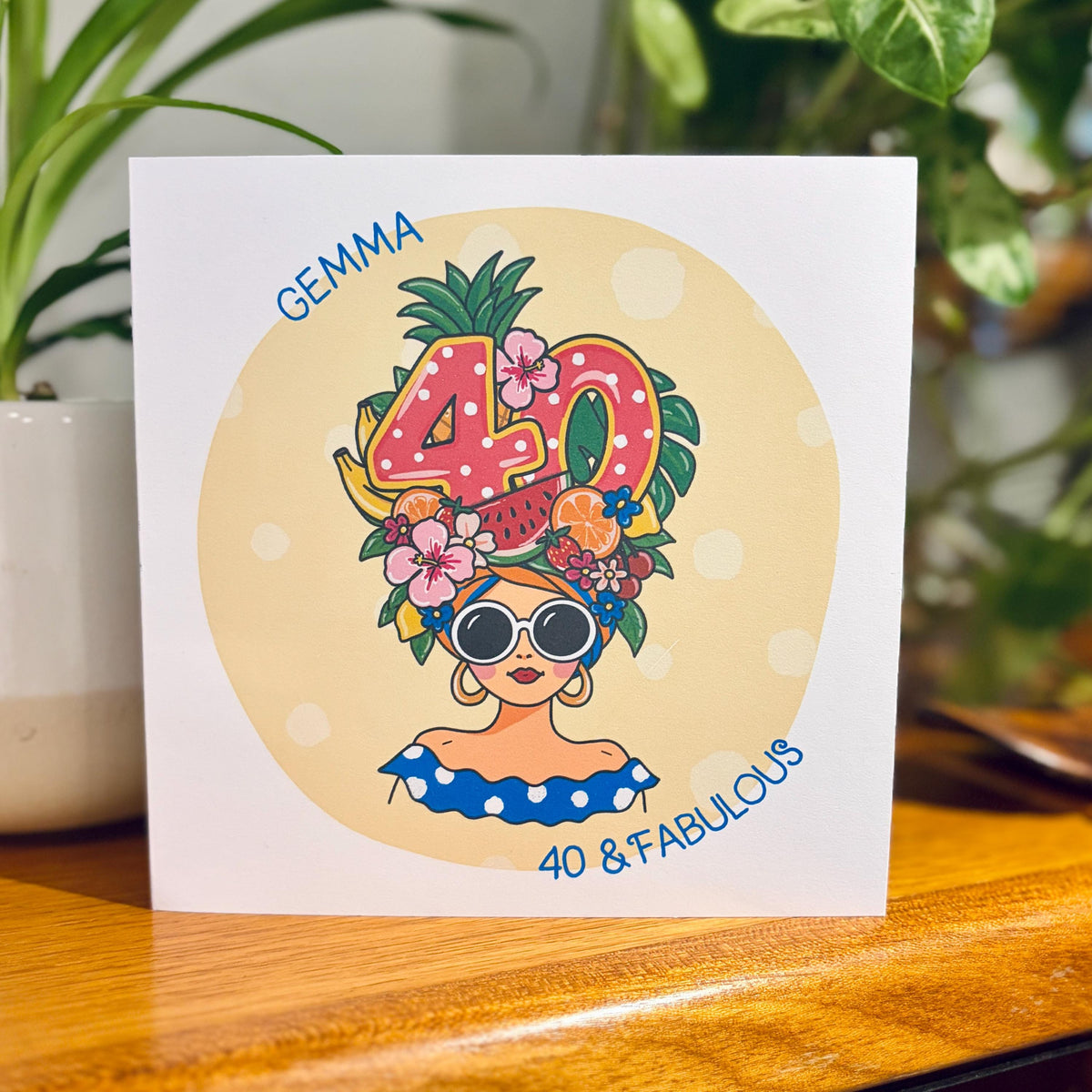 Tutti-Frutti 40th Birthday Card for Her: Personalised, with Kraft envelope