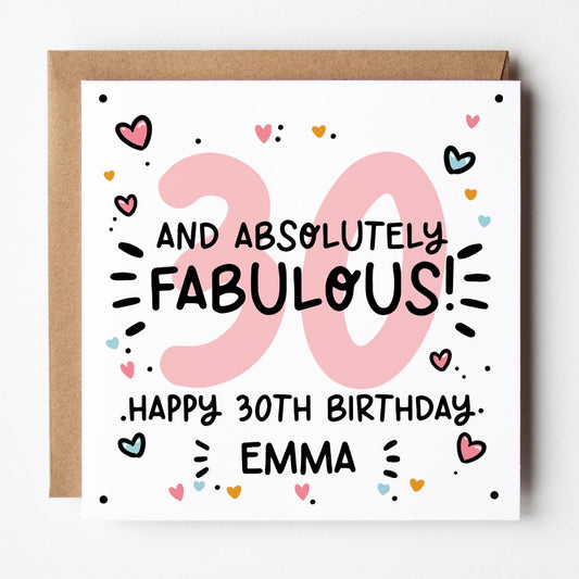 Fabulous 30th Birthday Card for Her: Personalised with Kraft envelope