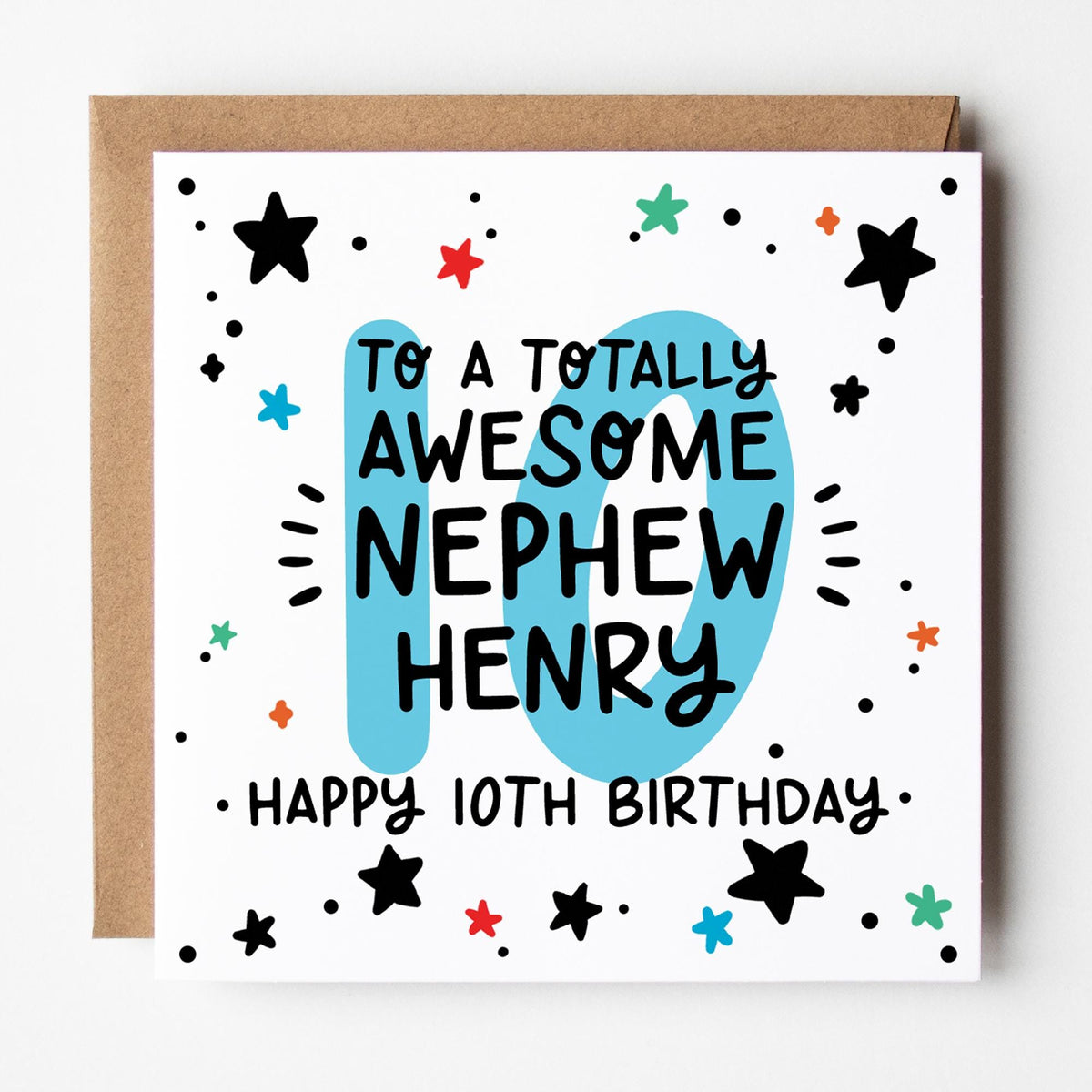 10th Birthday Card for Nephew: Personalised, with Kraft envelope.