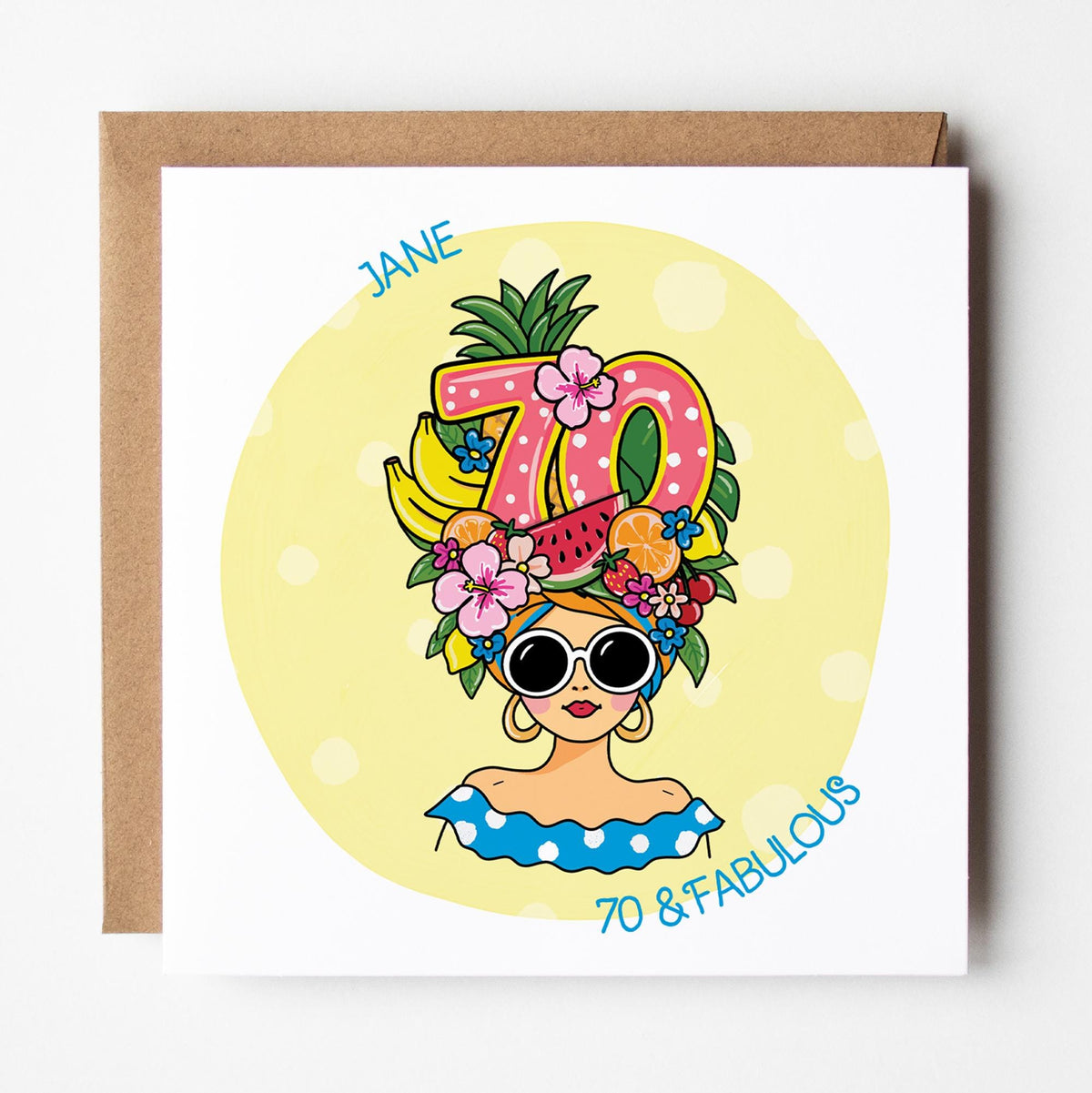 Tutti-Frutti 70th Birthday Card for Her: Personalised, with Kraft envelope