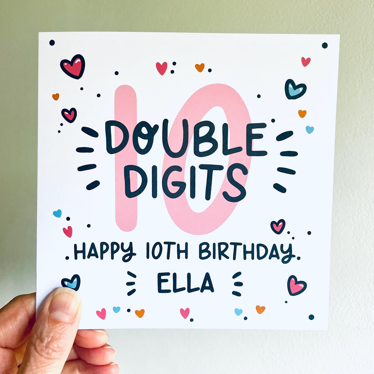 10th Birthday Card: Personalised, Double Digits Design for Girls - with Kraft envelope