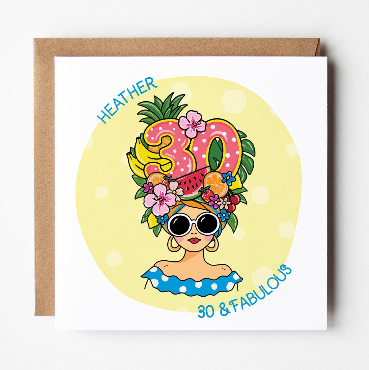 Tutti-Frutti 30th Birthday Card for Her: Personalised, with Kraft envelope