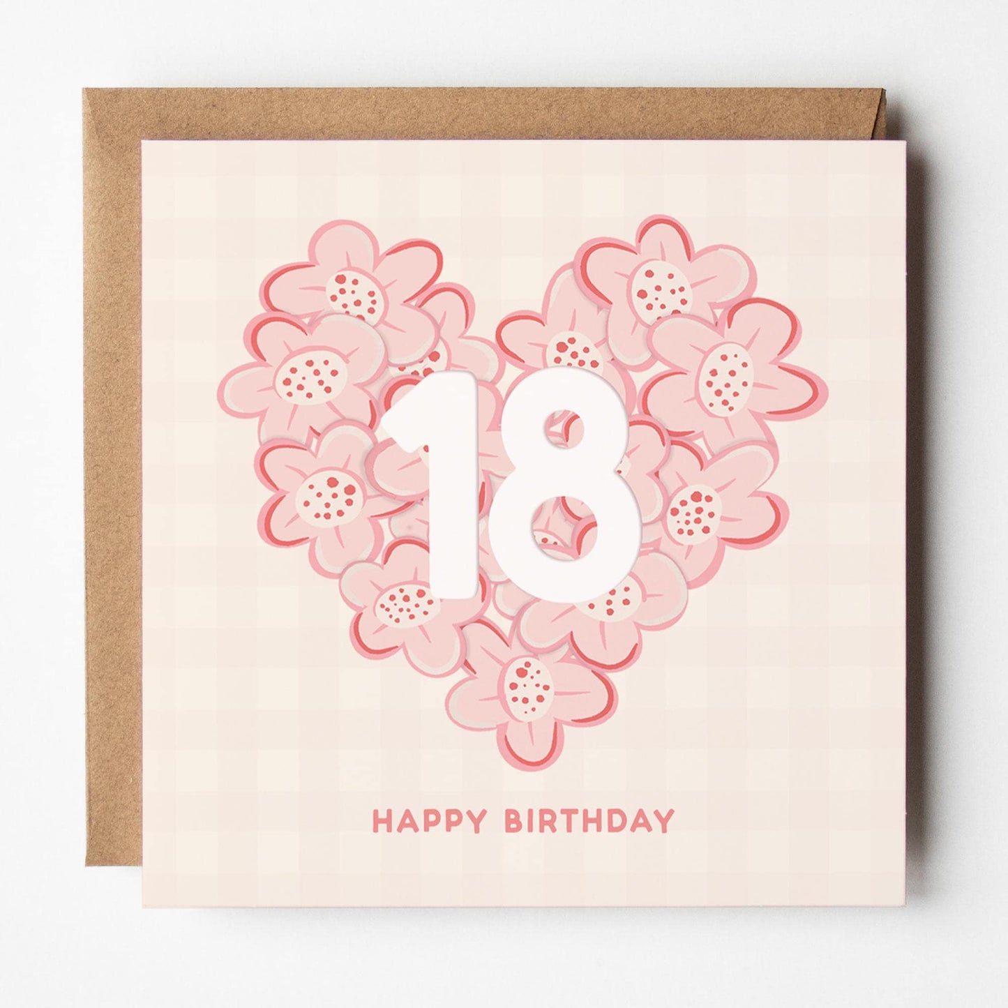 18th Birthday Card for Her; daughter, niece, sister, friend, pretty, pink, with Kraft envelope