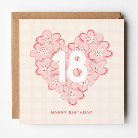 18th Birthday Card for Her; daughter, niece, sister, friend, pretty, pink, with Kraft envelope
