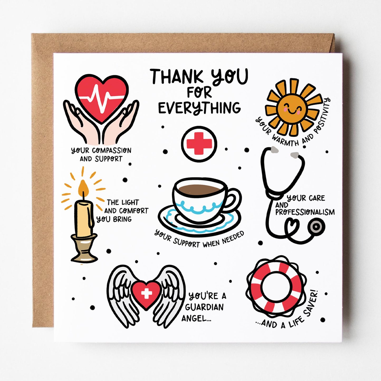 Thank You Card for Carer: Medical Staff, Doctor, Nurse, Midwife, Friend with Kraft envelope