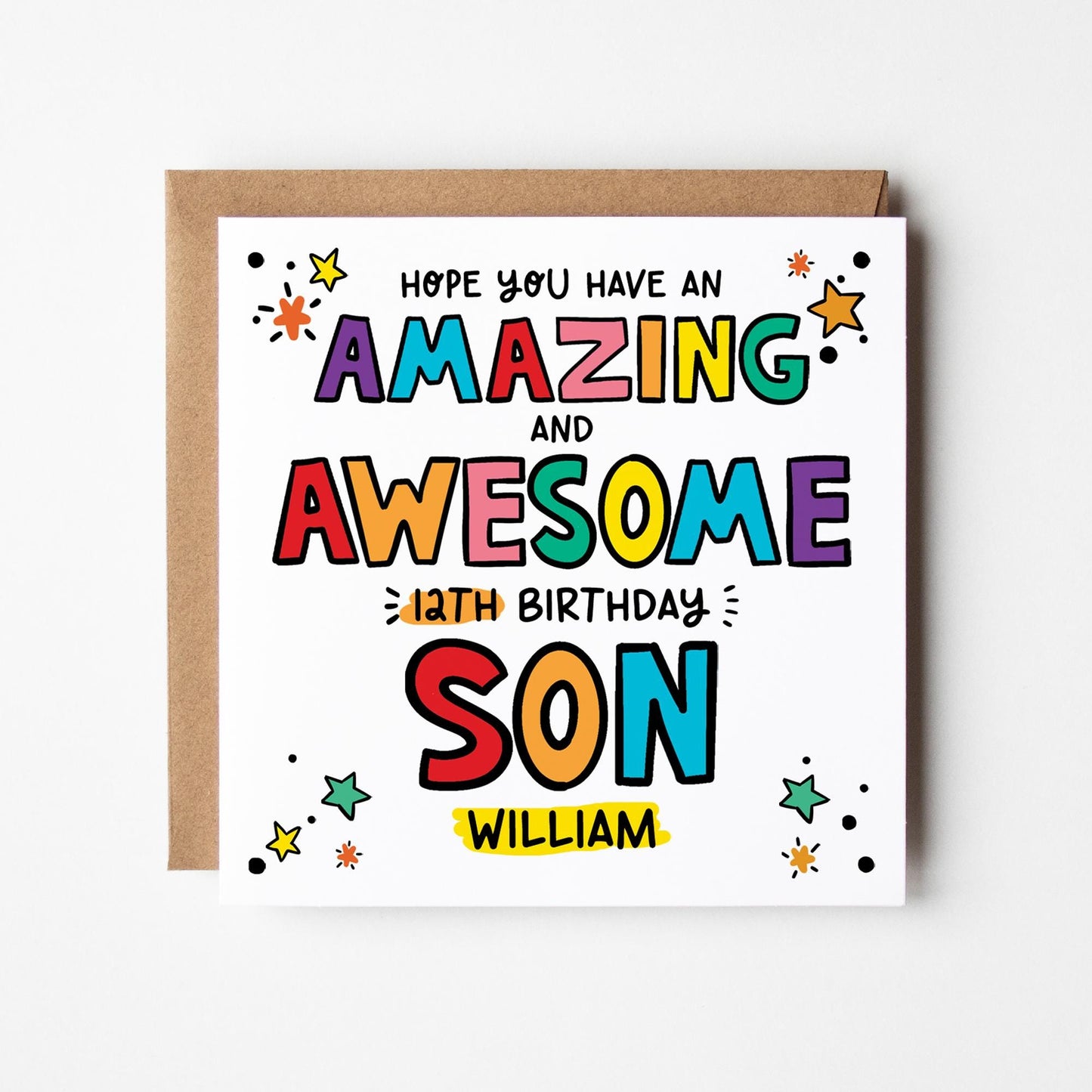 Birthday Card for Son: Awesome, Colourful, Personalised, Name, Number, with Kraft Envelope.