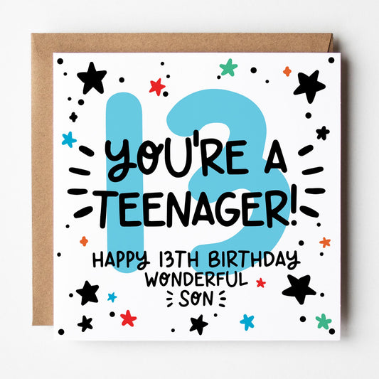 13th Birthday Card for Son You're a Teenager with Kraft Envelope