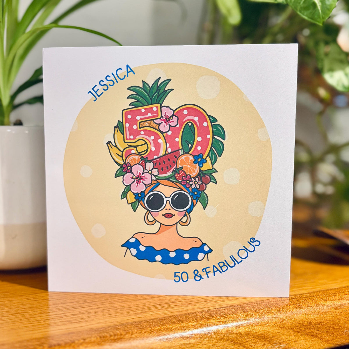 Tutti-Frutti 50th Birthday Card for Her: Personalised, with Kraft envelope