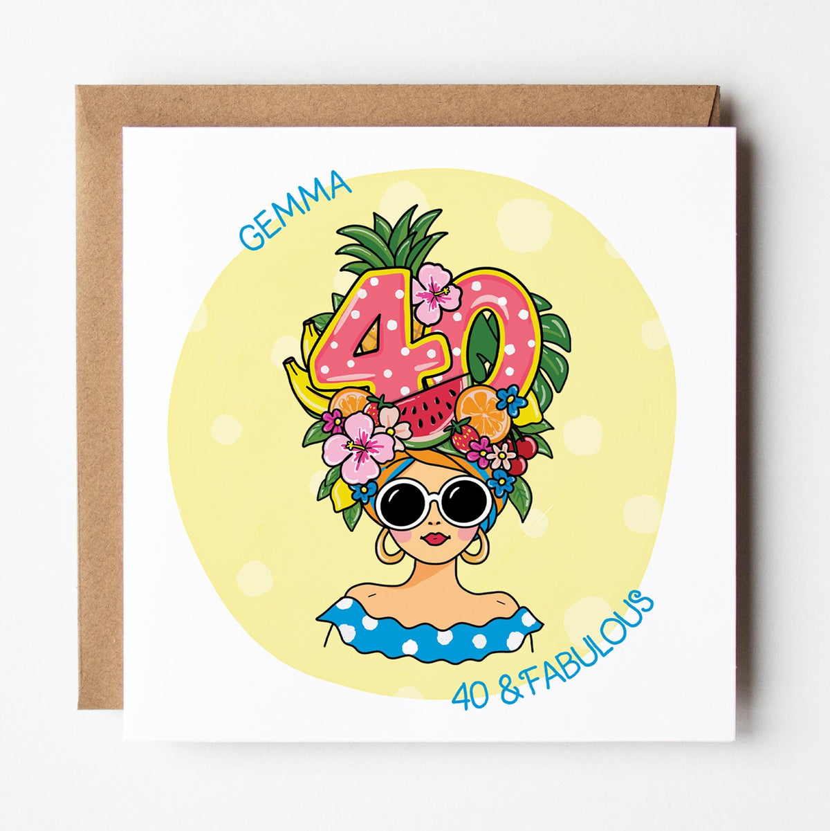 Tutti-Frutti 40th Birthday Card for Her: Personalised, with Kraft envelope