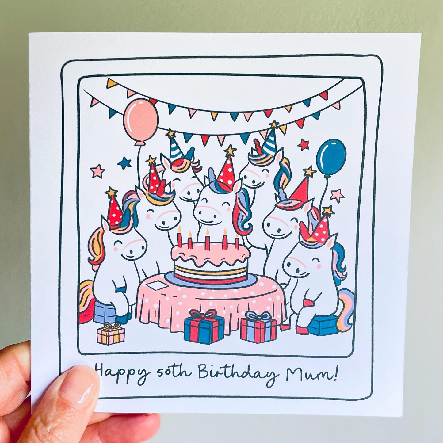 Unicorn Birthday Card: Polaroid Tea Party Design, Personalised