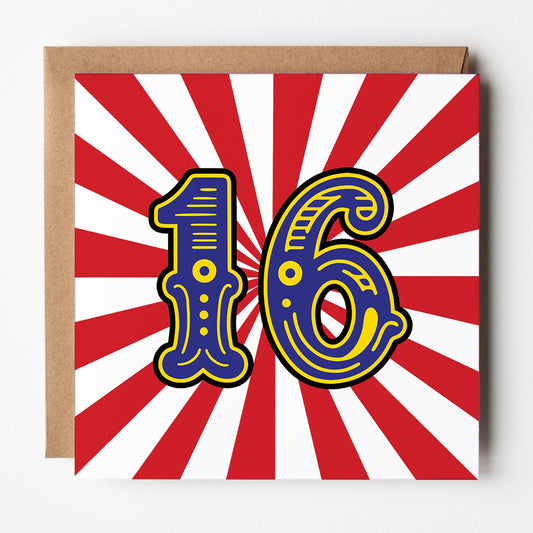 16th Birthday Card: Circus Theme with Kraft Envelope