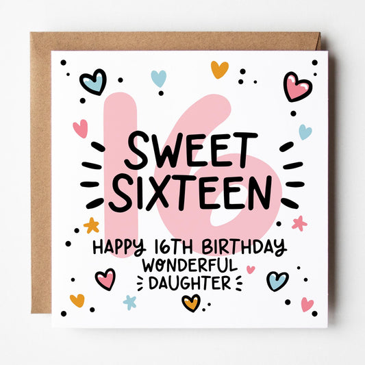 16th Birthday Card for Daughter: Pink 16, Sweet Sixteen with Hearts and Kraft Envelope