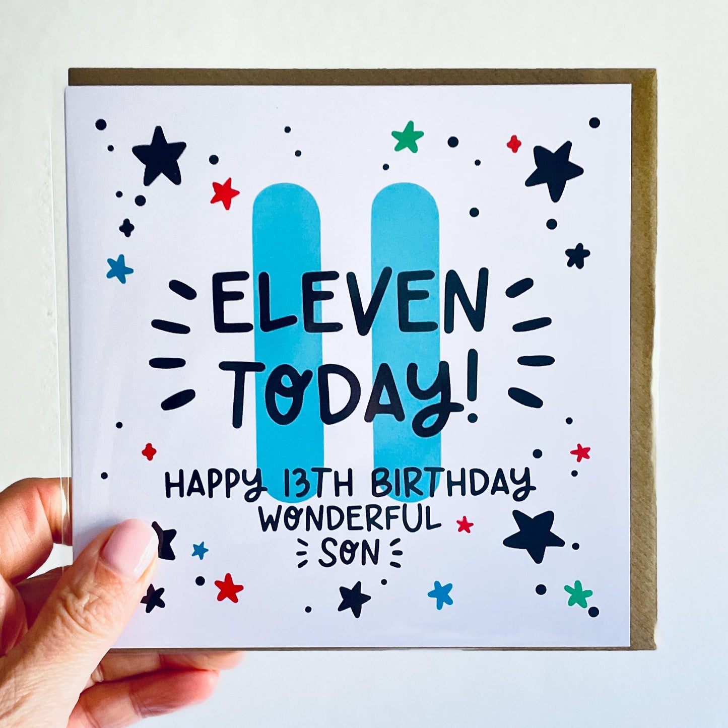 Son 11th Birthday Card: Number 11, 11 Today with Kraft Envelope