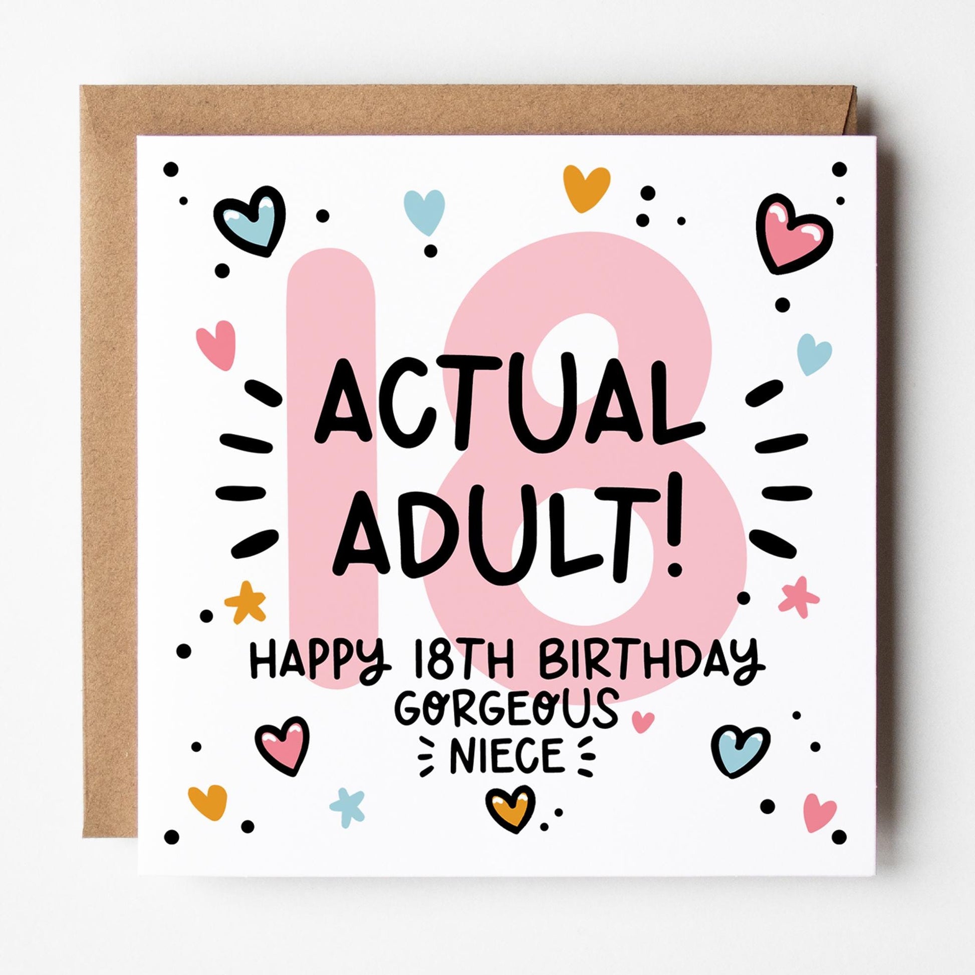 Niece 18th Birthday Card; funny, actual adult, with Kraft Envelope