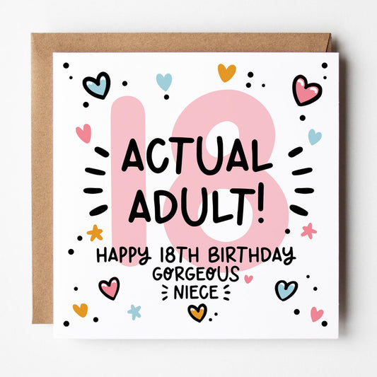 Niece 18th Birthday Card; funny, actual adult, with Kraft Envelope