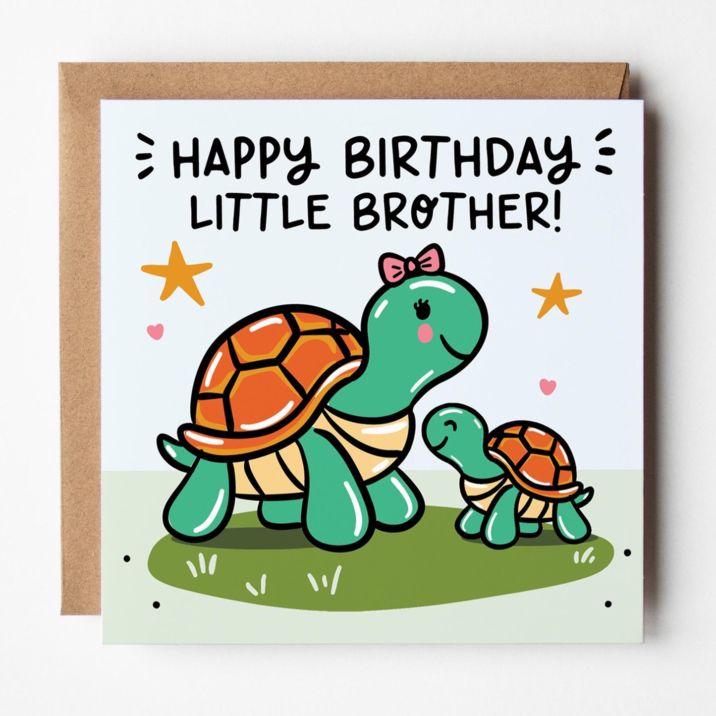 Little Brother Birthday Card: from Big Sister, Cute Turtles, with Kraft Envelope