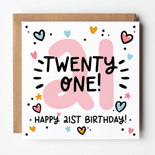 21st Birthday Card for Her: Pink 21, Twenty One with Hearts and Kraft Envelope