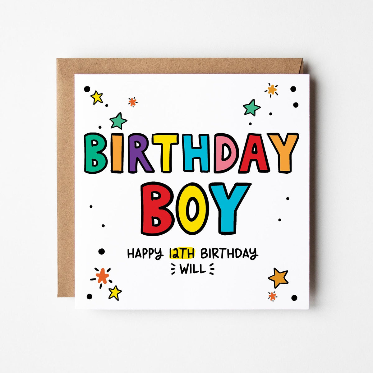 Personalised Birthday Card, Birthday Boy Card With Age & Name, Kraft Envelope