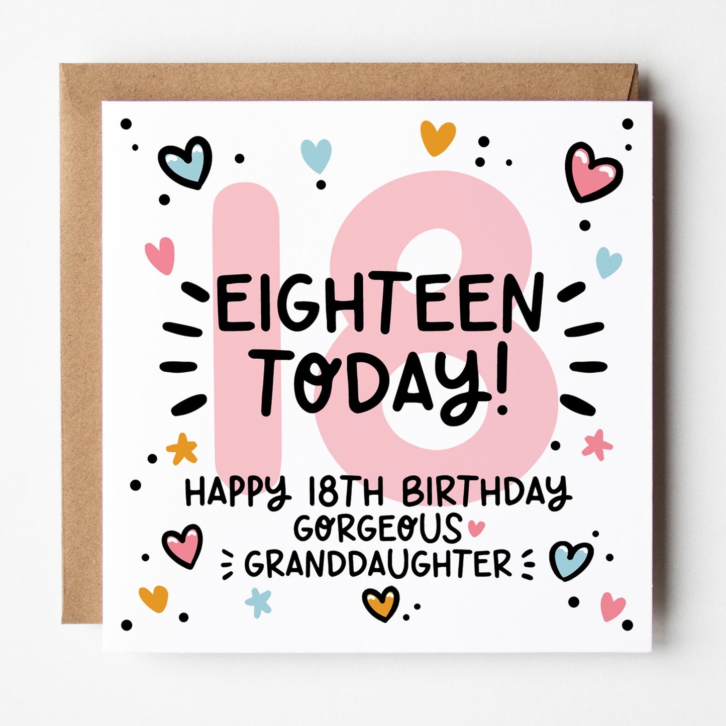18th Birthday Card for Granddaughter: Pink 18, Actual Adult with Hearts and Kraft Envelope