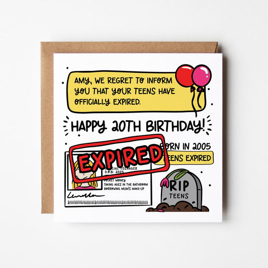 20th Birthday Card for Her • Personalised 20th Birthday Card • Daughter • Sister • Niece • Cousin • Friend • Funny Teens Expired 20th Card