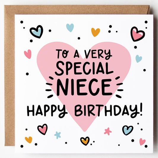 Niece Birthday Card; Pink Hearts with Kraft Envelope