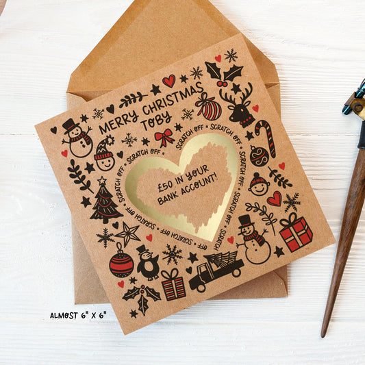 personalised scratch and reveal christmas card on kraft card