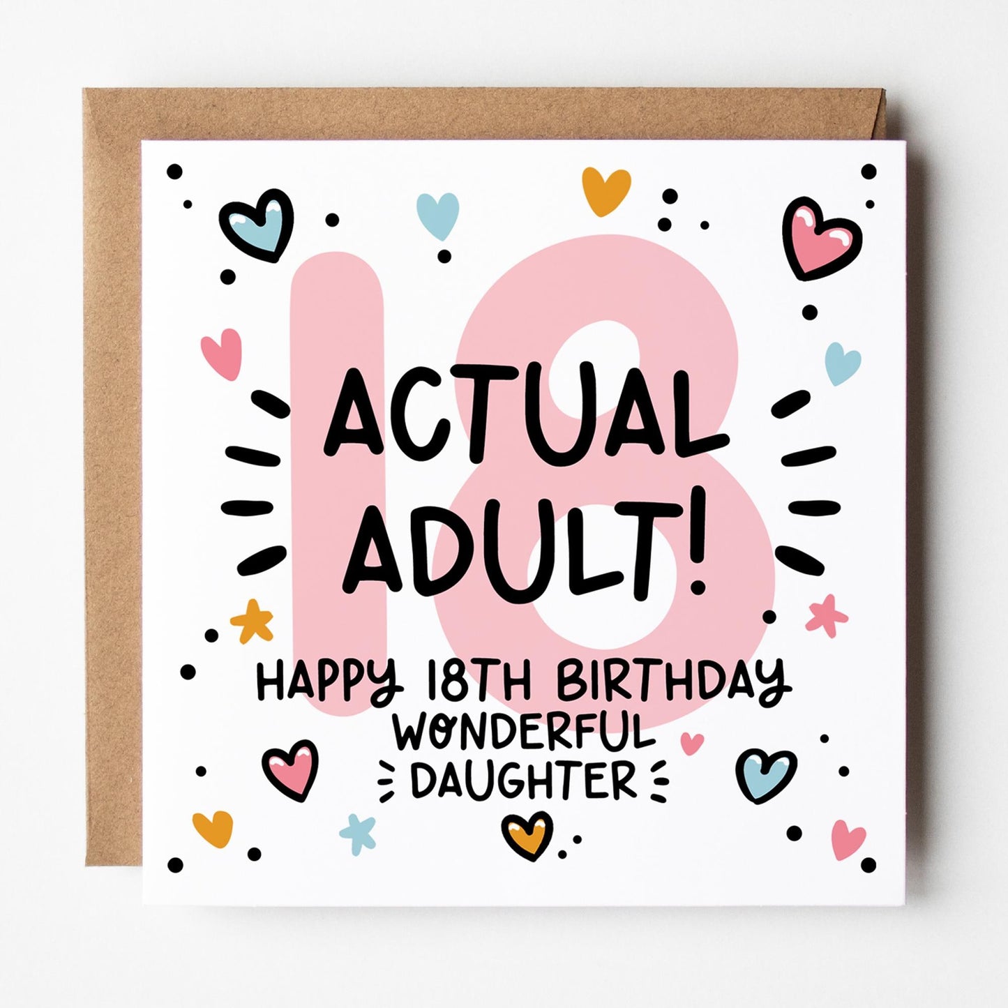 18th Birthday Card for Daughter: Pink 18, Actual Adult with Hearts and Kraft Envelope