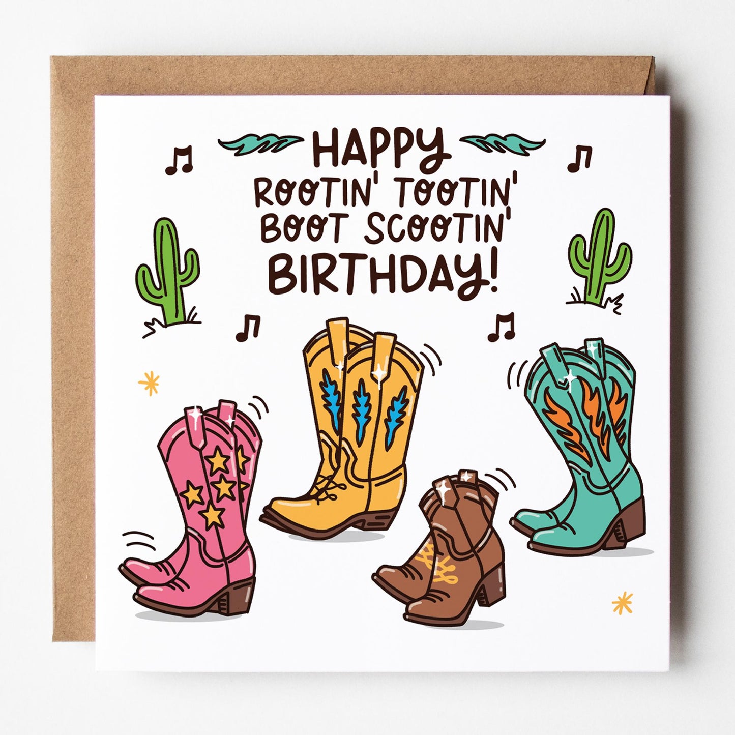 colourful western birthday card with dancing cowboy boots