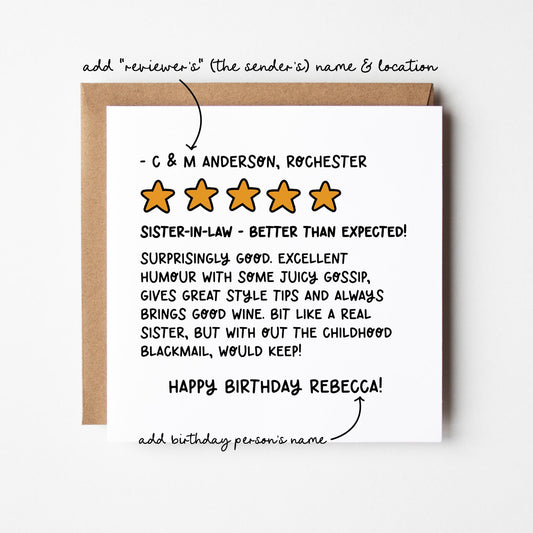 Funny Sister-in-Law Birthday Card: Review Style - Personalised