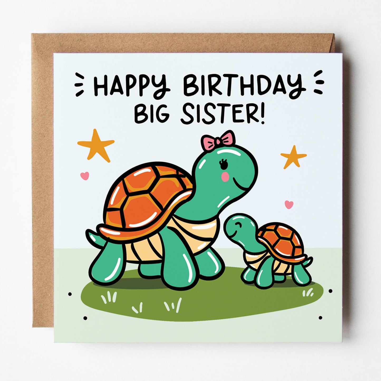 Big Sister Birthday Card: from Little Brother, Cute Turtles, with Kraft Envelope