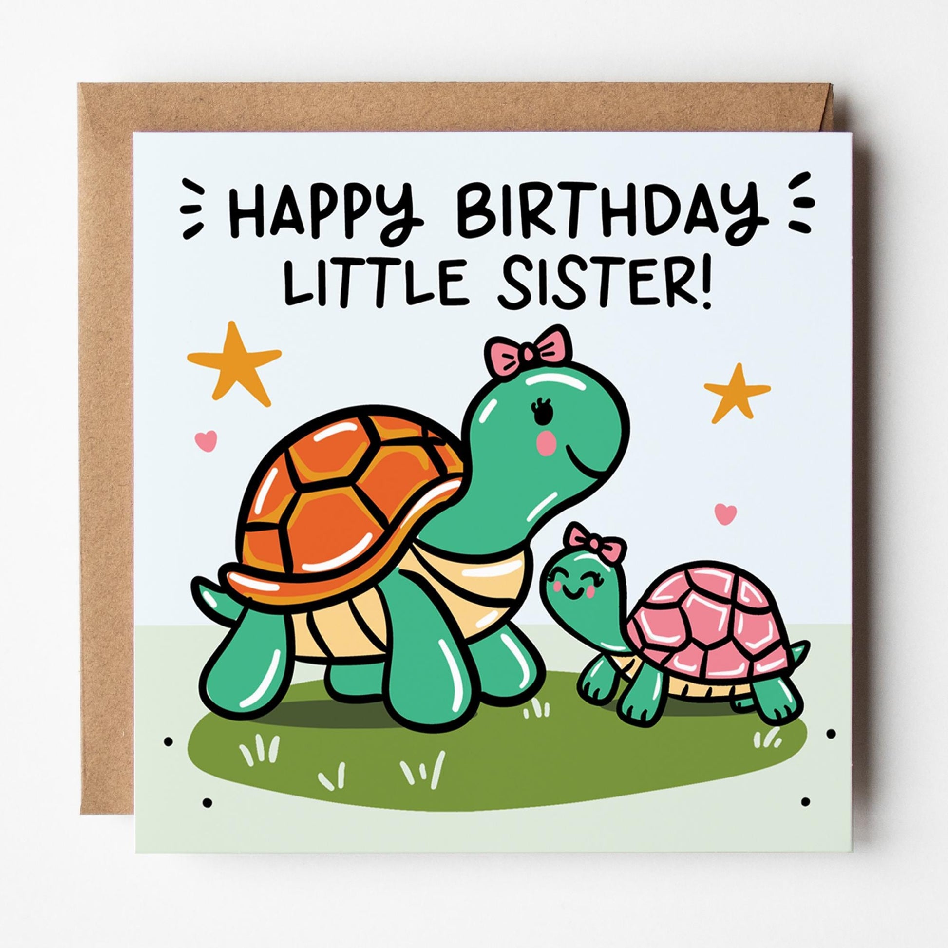 Little Sister Birthday Card: from Big Sister, Cute Turtles, with Kraft Envelope