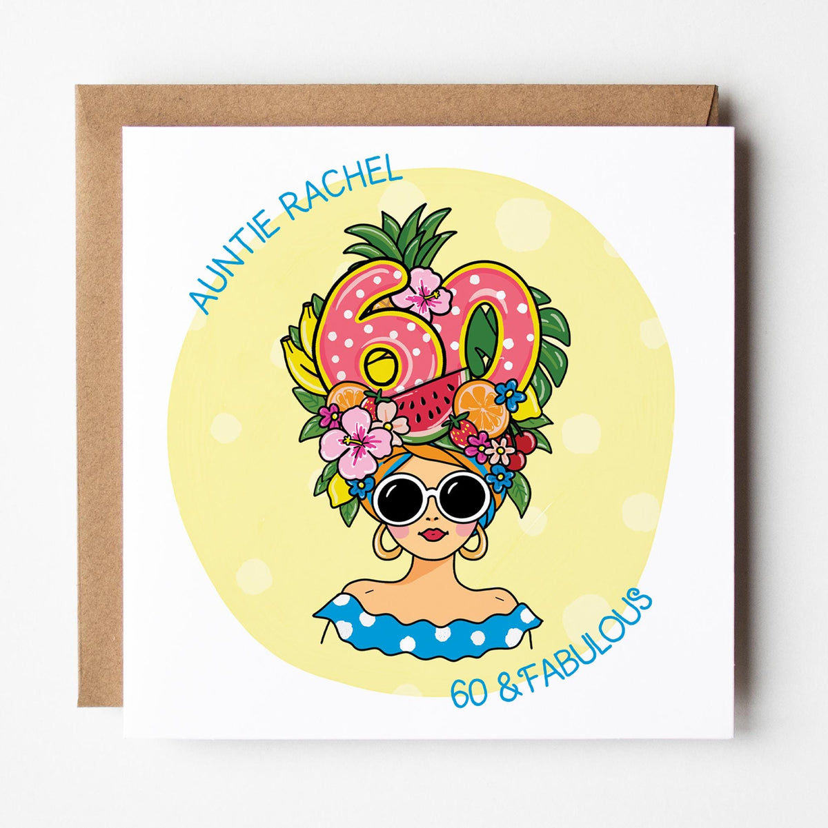 Tutti-Frutti 60th Birthday Card for Her: Personalised, with Kraft envelope