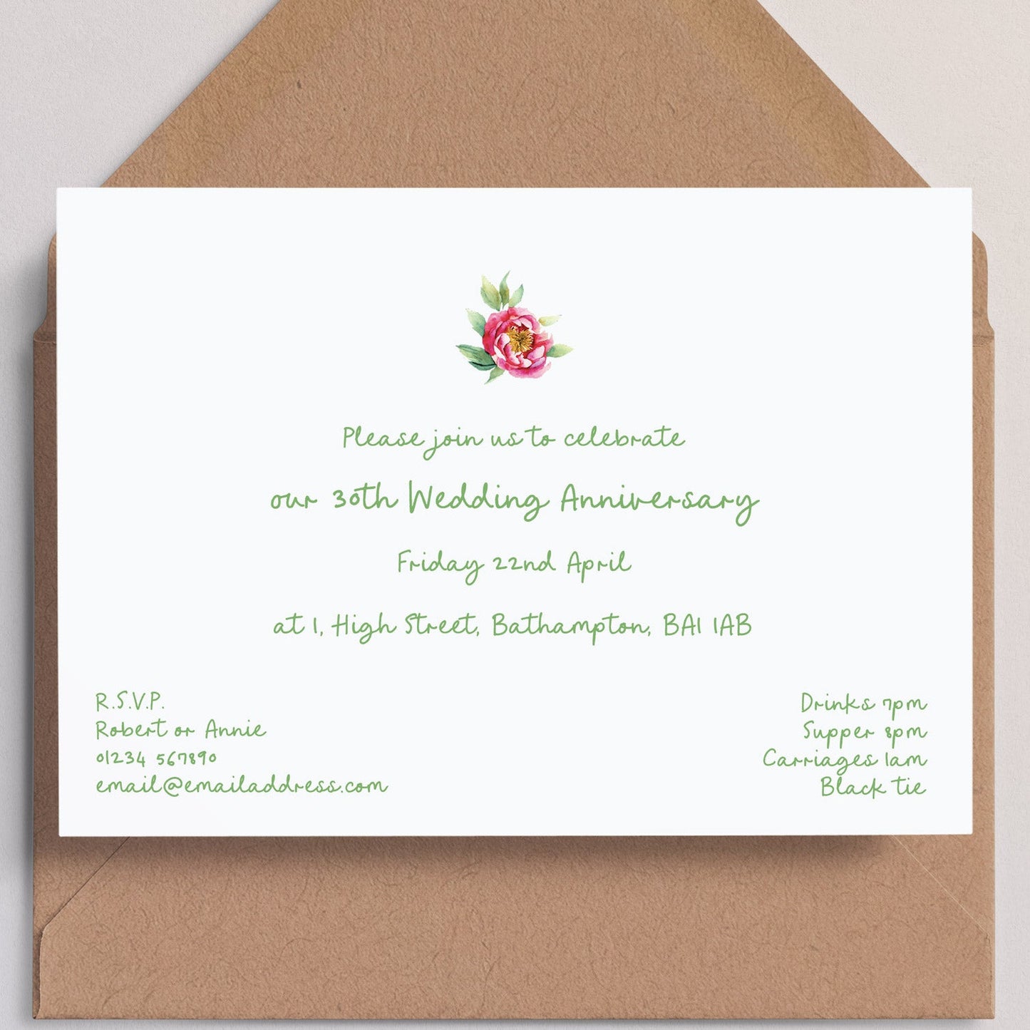 Invitation card with floral design with a kraft envelope