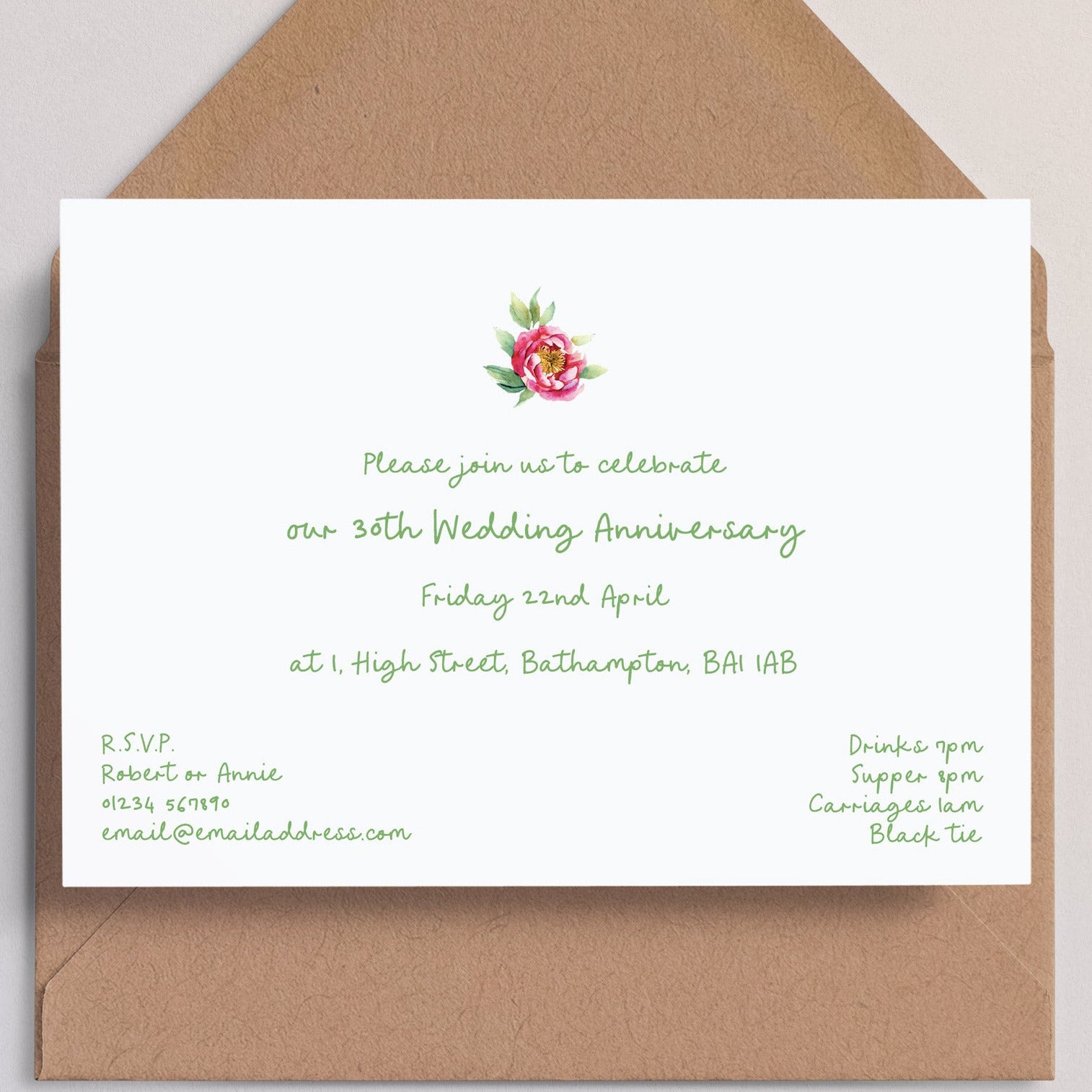 Invitation card with floral design with a kraft envelope