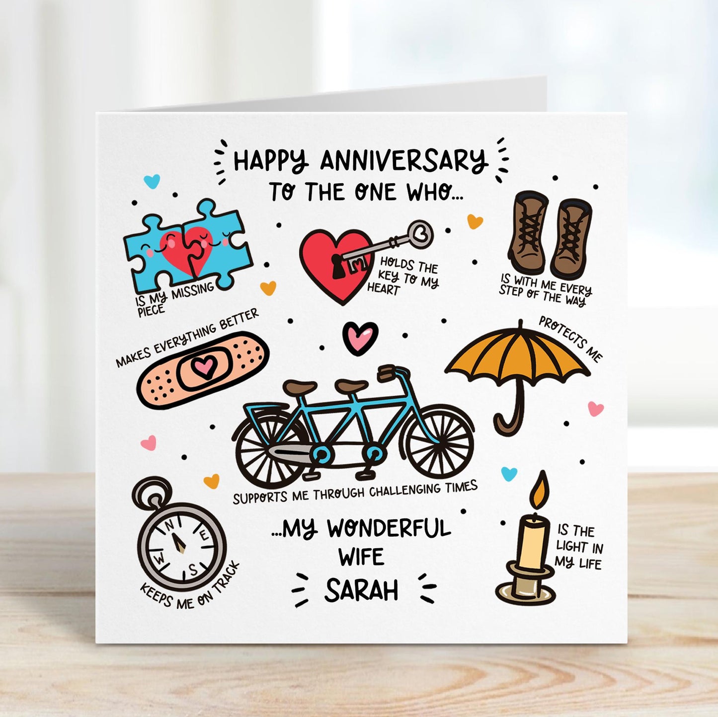 Personalised Wife Anniversary Card: With Heartfelt Words and Illustrations, Kraft Envelope