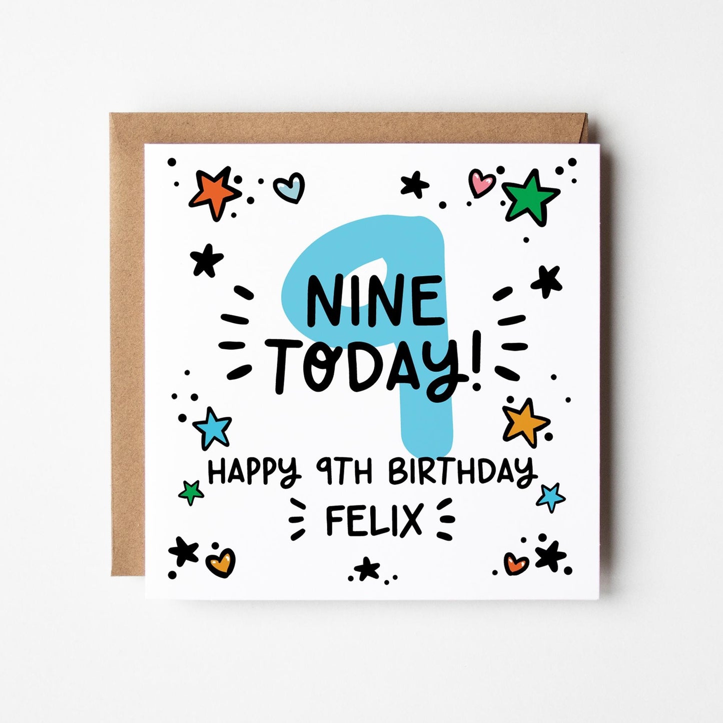 Personalised 1st-9th Birthday Card: Boys, Girls, Blue Number Card, Kraft Envelope
