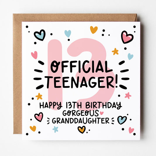 Granddaughter 13th Birthday Card: Official Teenager with Kraft Envelope