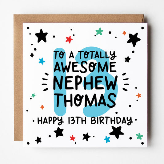 Personalised 13th Birthday Card, Nephew Birthday Card With Kraft Envelope