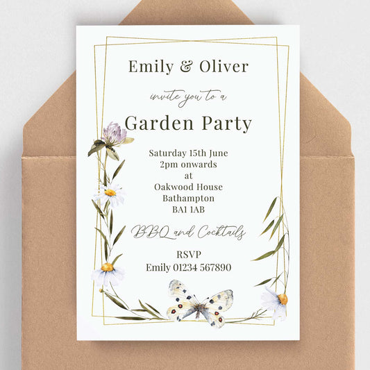 Invitation card for a garden party with floral and butterfly design on a brown envelope.
