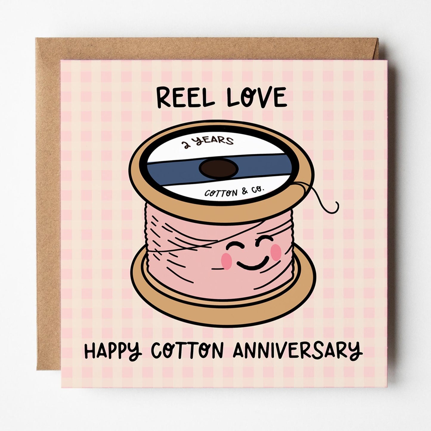 2nd Anniversary Card: Cotton anniversary card, Reel Love with Kraft Envelope