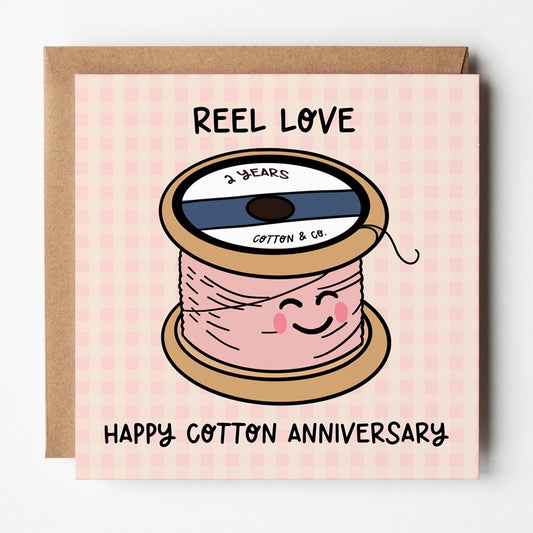 2nd Anniversary Card: Cotton anniversary card, Reel Love with Kraft Envelope