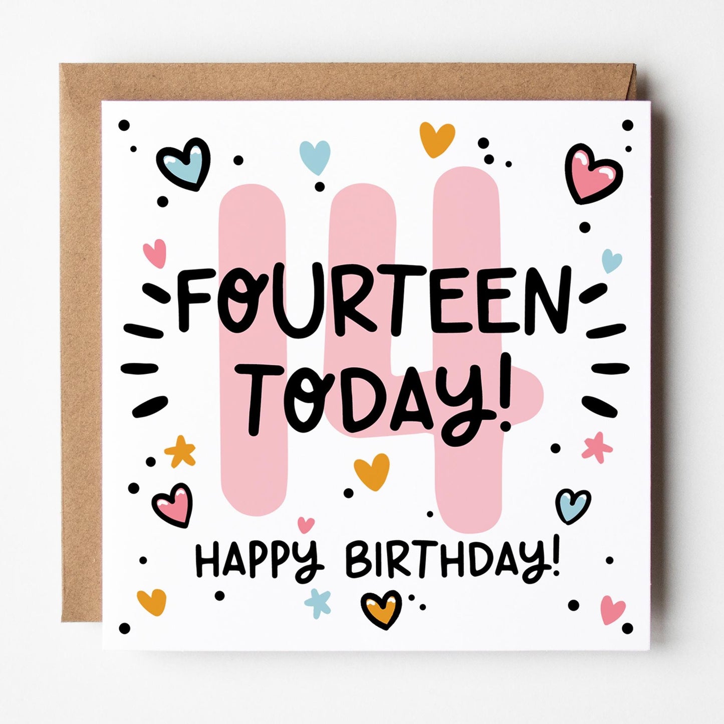 14th Birthday Card for Her: Pink 14, Fourteen Today with Hearts and Kraft Envelope