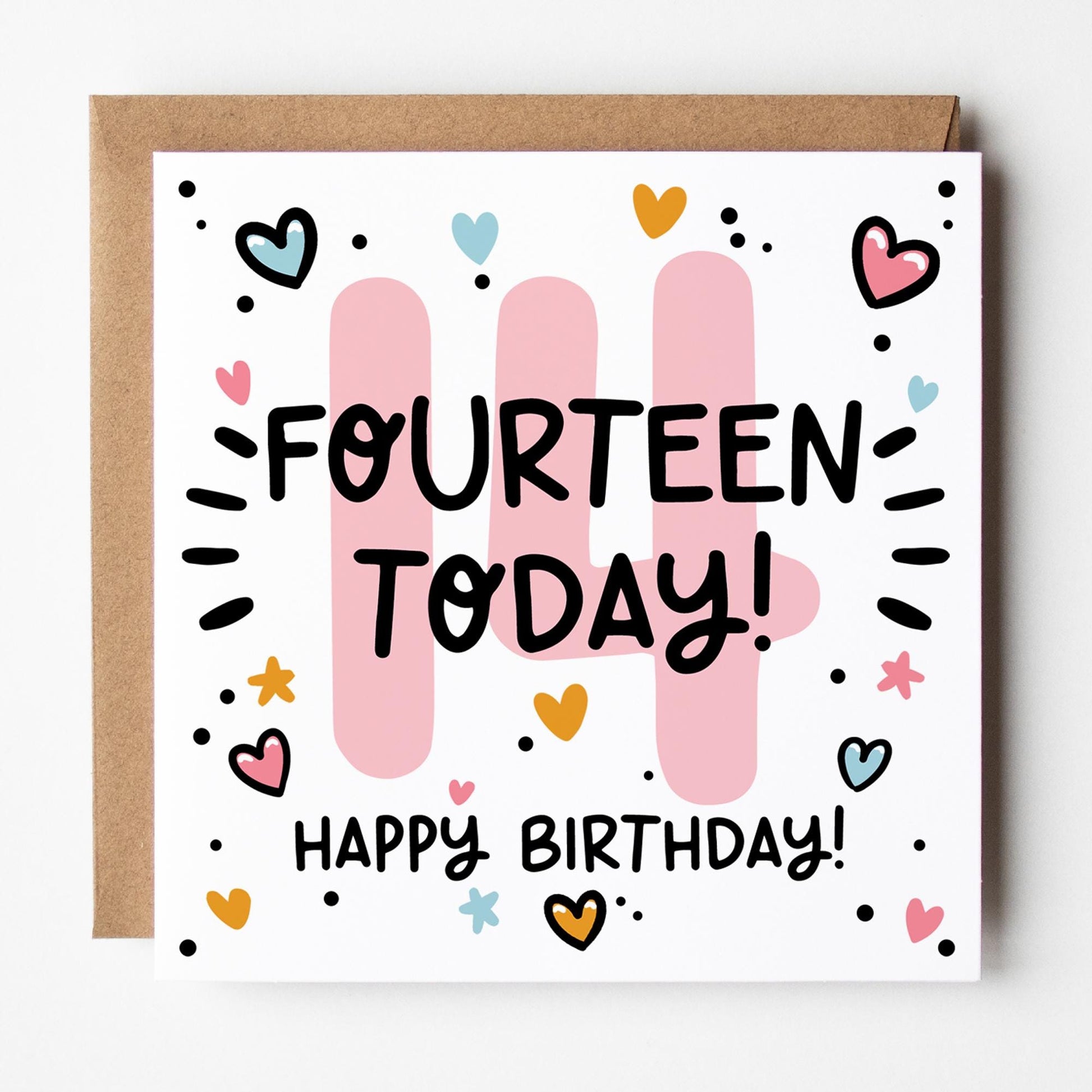 14th Birthday Card for Her: Pink 14, Fourteen Today with Hearts and Kraft Envelope