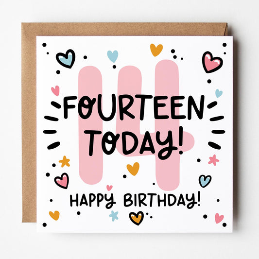 14th Birthday Card for Her: Pink 14, Fourteen Today with Hearts and Kraft Envelope