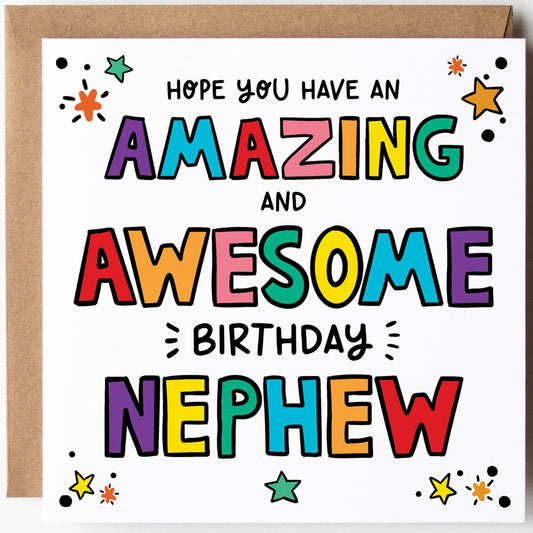 Nephew Birthday Card; Colourful, Bright, Fun with kraft envelope.