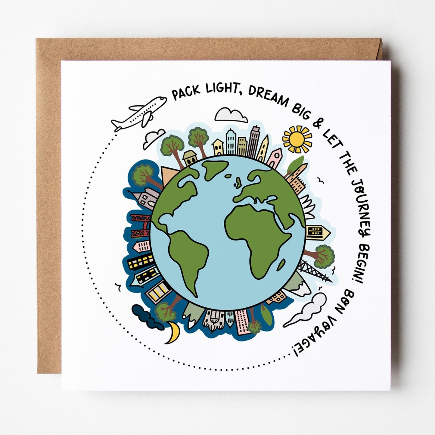 Good Luck Travelling Card: Pack Light Dream Big, Bon Voyage with Kraft envelope