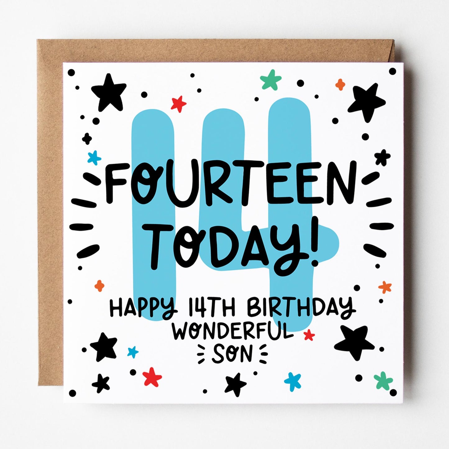 Son 14th Birthday Card: Fourteen Today with Stars and Kraft Envelope
